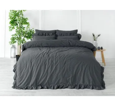 Pościel z bawełny z falbanką - Limasso - 160x200 - Grey  - na prezent w pudełku -  Bez Prasowania