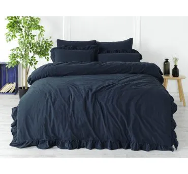 Pościel z bawełny z falbanką - Limasso 160x200 - Dress Blue - w pudełku -Bez Prasowania  granat