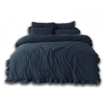 Pościel z bawełny z falbanką - Limasso 160x200 - Dress Blue - w pudełku -Bez Prasowania  granat