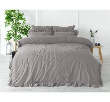 Pościel z bawełny z falbanką - Limasso -160x200 - Opal Grey - w pudełku -Bez Prasowania