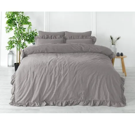 Pościel z bawełny z falbanką - Limasso -160x200 - Opal Grey - w pudełku -Bez Prasowania