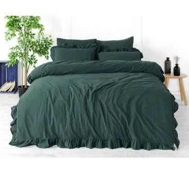 Pościel z bawełny z falbanką - Limasso -160x200 - Dark Green  - w pudełku -Bez Prasowania