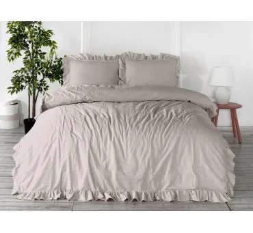 Pościel z bawełny z falbanką - Limasso -200x220 - Natural Cream - w pudełku -Bez Prasowania