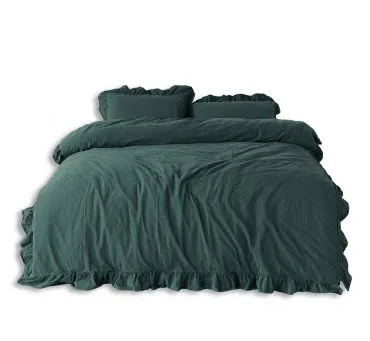 Pościel z bawełny z falbanką - Limasso -220x200 - Dark Green  - w pudełku -Bez Prasowania