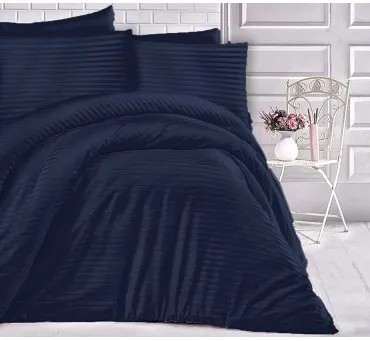 Pościel Satynowa granatowe paski 140x200 + 70x80  Cizgili  Navy Blue Luxury