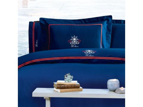 Pościel satynowa haftowana ekskluzywna Navy Blue 200x220 Tivolyo Embroidery Satin marynarski