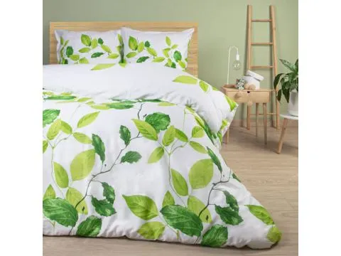 Pościel satynowa 160x200 +2/ 70x80 Love wz. 1516/1 zielone listki