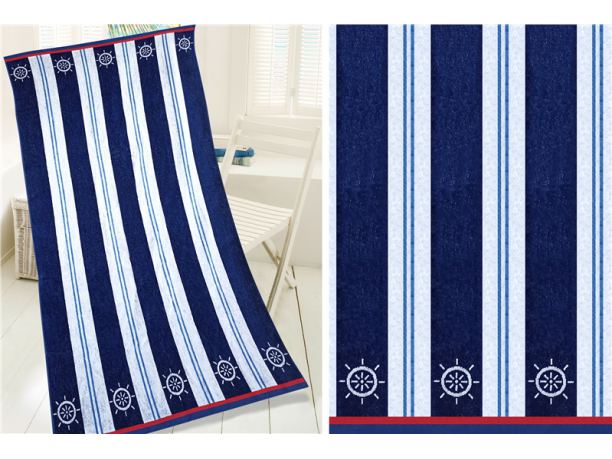 Ręcznik plażowy 85x170 cm kąpielowy Polo granatowe, niebieskie pasy  - Greno