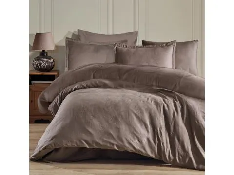 Pościel z satyny bawełnianej żakardowej 160x200+2/70x80/ Sadra Luxury Jacquard brązowe liście