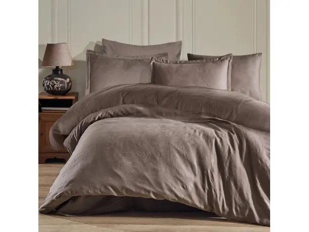 Pościel z satyny bawełnianej żakardowej 160x200+2/70x80/ Sadra Luxury Jacquard brązowe liście