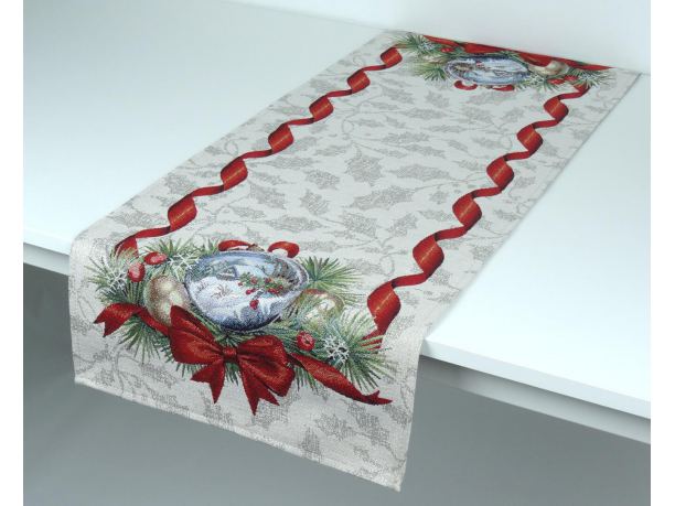 Bieżnik gobelinowy świąteczny 40x100 cm bańki z kokardką wz 204 SlodkieSny