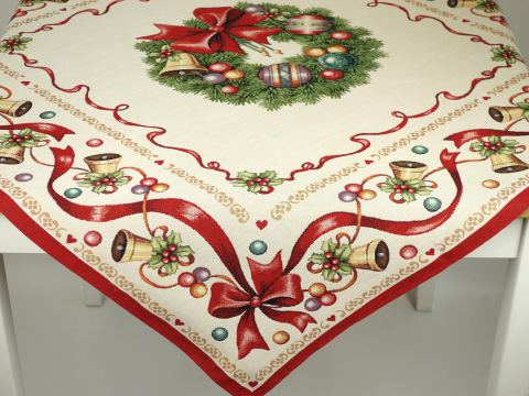 Obrus  gobelinowy świąteczny 100x100 cm stroik, kokardka wz 202 SlodkieSny