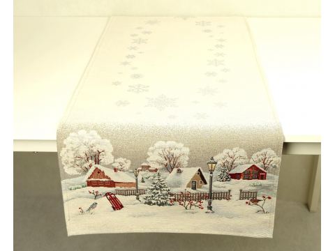 Bieżnik gobelinowy świąteczny 45x140 cm chatki, jeleń, sarenka zimą nr sw 287 SlodkieSny