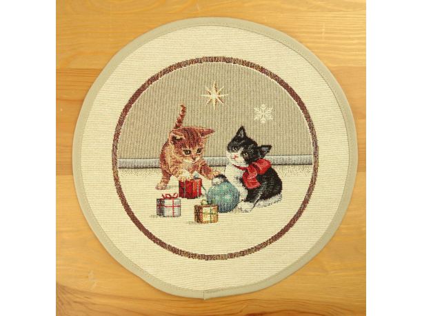 Serwetka gobelinowa świąteczna śr. 27 cm kotki z prezentami wz. 284 SlodkieSny okrągły