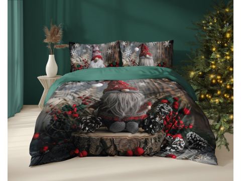 Pościel z bawełny 160x200 +2/70x80 wz. 5298 A skrzat w czerwonej czapeczce holland christmas holenderska 3D