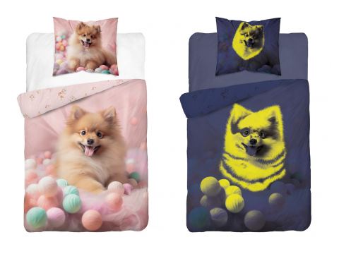 Pościel z bawełny dla dzieci 160x200+70x80 pomeranian  fluo 5411 a świeci w ciemności