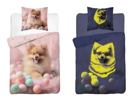 Pościel z bawełny dla dzieci 140x200+70x80 pomeranian  fluo 5411 a świeci w ciemności