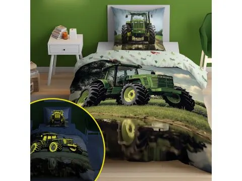 Pościel z bawełny dla dzieci 140x200+70x80 zielony traktor fluo 5409 a świeci w ciemności