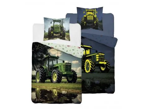 Pościel z bawełny dla dzieci 140x200+70x80 zielony traktor fluo 5409 a świeci w ciemności