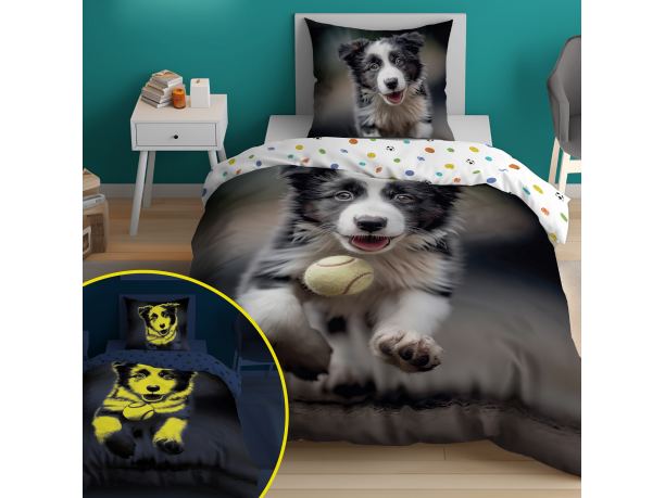 Pościel z bawełny dla dzieci 140x200+70x80 border collie fluo 5410 a świeci w ciemności