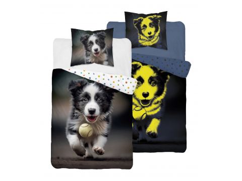 Pościel z bawełny dla dzieci 140x200+70x80 border collie fluo 5410 a świeci w ciemności