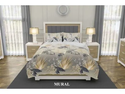 Pościel satynowa 160x200+2/70x80 Mural Silver collection liście na popielatym tle