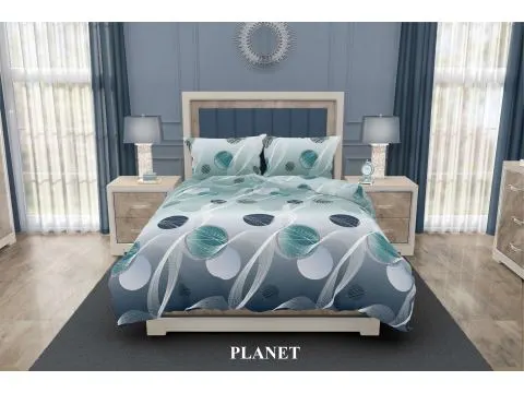 Pościel satynowa 220x200+2/70x80 Planet Silver collection miętowo granatowe kółka