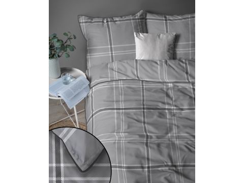 Elegancka pościel z perkalu 160x200+2/70x80 z dekoracyjną lamówką + torba szara kratka Lame Percale 5240 a