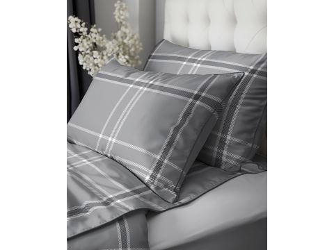 Elegancka pościel z perkalu 160x200+2/70x80 z dekoracyjną lamówką + torba szara kratka Lame Percale 5240 a