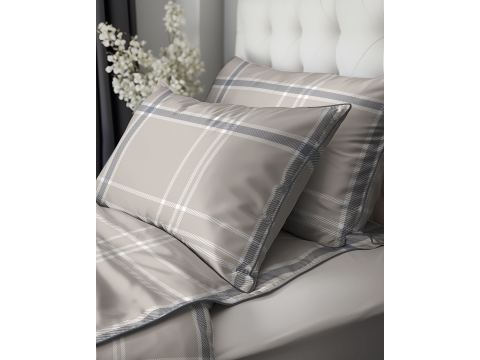 Komplet pościeli z perkalu z lamówką160x200 +2/70x80 + torba beżowa kratka Lame Percale 5240 b