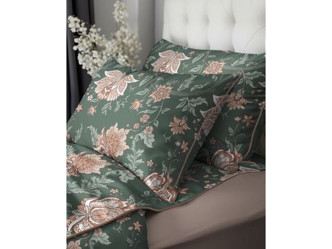 Elegancka pościel z perkalu 160x200 + 2/70x80 z dekoracyjną lamówką + torba orient zielona Lame Percale 5242 a