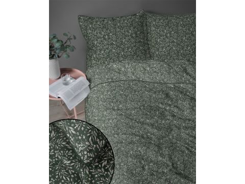 Pościel z perkalu 160x200 + 2/70x80 z lamówką + torba, listki na zielonym tle Lame Percale 5588 a