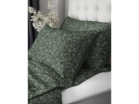 Pościel z perkalu 160x200 + 2/70x80 z lamówką + torba, listki na zielonym tle Lame Percale 5588 a