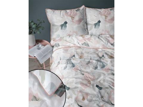Pościel z perkalu 160x200 + 2/70x80 z lamówką + torba, morelowo miętowe piwonie  Lame Percale 5590 a