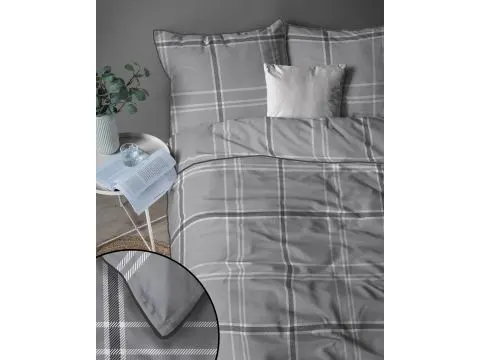 Elegancka pościel z perkalu 160x200+2/70x80 z dekoracyjną lamówką + torba szara kratka Lame Percale 5240 a