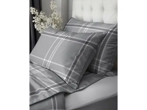 Elegancka pościel z perkalu 160x200+2/70x80 z dekoracyjną lamówką + torba szara kratka Lame Percale 5240 a