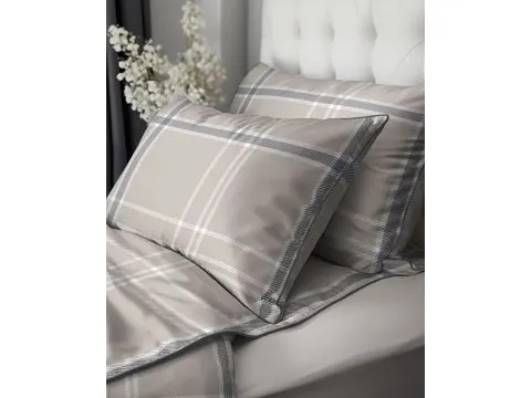 Komplet pościeli z perkalu z lamówką 220x200 +2/70x80 + torba beżowa kratka Lame Percale 5240 b