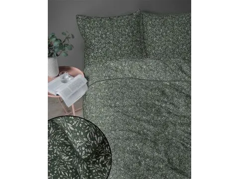 Pościel z perkalu 220x200 + 2/70x80 z lamówką + torba, listki na zielonym tle Lame Percale 5588 a