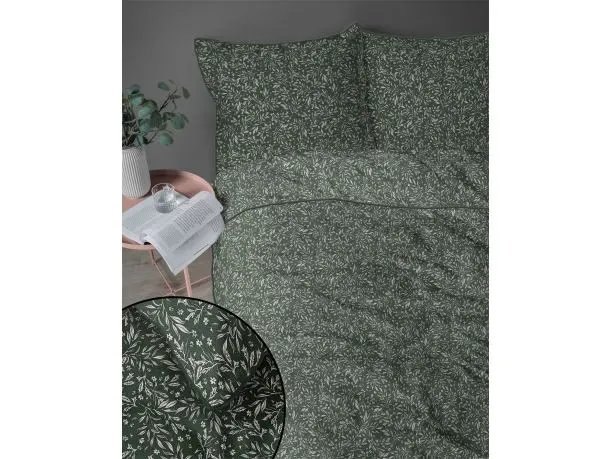 Pościel z perkalu 220x200 + 2/70x80 z lamówką + torba, listki na zielonym tle Lame Percale 5588 a