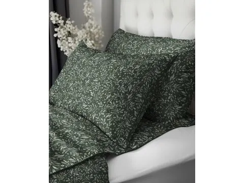 Pościel z perkalu 220x200 + 2/70x80 z lamówką + torba, listki na zielonym tle Lame Percale 5588 a