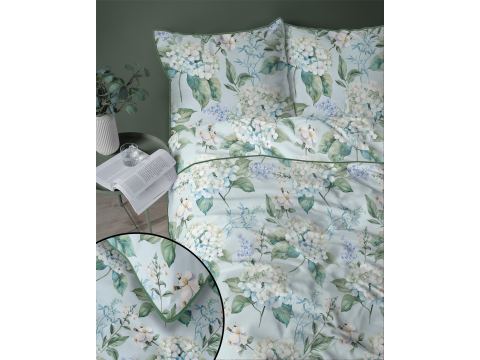 Pościel z perkalu 220x200 + 2/70x80 z lamówką + torba, kwiaty na miętowe tle Lame Percale 5589 a