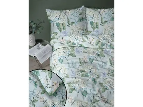 Pościel z perkalu 220x200 + 2/70x80 z lamówką + torba, kwiaty na miętowe tle Lame Percale 5589 a