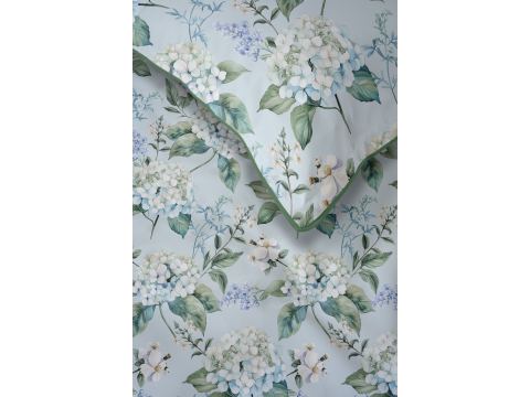 Pościel z perkalu 220x200 + 2/70x80 z lamówką + torba, kwiaty na miętowe tle Lame Percale 5589 a