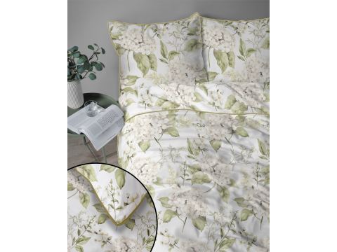 Pościel z perkalu 220x200 + 2/70x80 z lamówką + torba, biało oliwkowe kwiaty  Lame Percale 5589 b