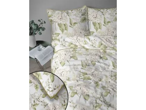 Pościel z perkalu 220x200 + 2/70x80 z lamówką + torba, biało oliwkowe kwiaty  Lame Percale 5589 b