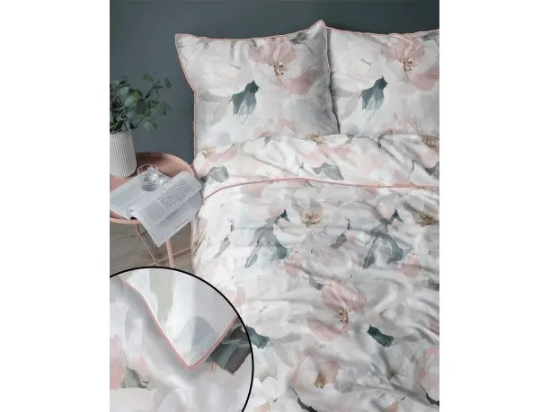 Pościel z perkalu 220x200 + 2/70x80 z lamówką + torba, morelowo miętowe piwonie  Lame Percale 5590 a