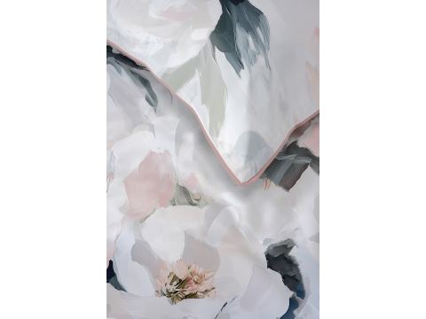 Pościel z perkalu 220x200 + 2/70x80 z lamówką + torba, morelowo miętowe piwonie  Lame Percale 5590 a