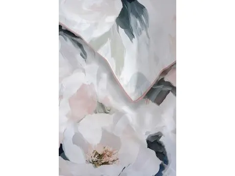 Pościel z perkalu 220x200 + 2/70x80 z lamówką + torba, morelowo miętowe piwonie  Lame Percale 5590 a