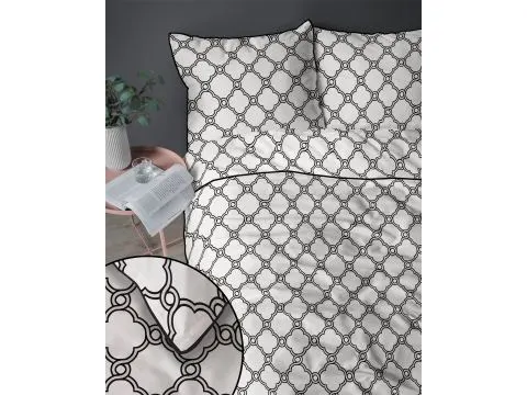 Pościel perkalowa 220x200 + 2/70x80 z lamówką + torba, wzorek biało czarny  Lame Percale 5592 a
