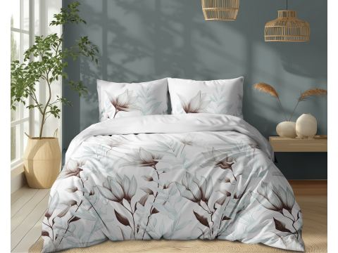 Pościel z bawełny 160x200 +2/70x80 beżowo zielone kwiaty wz. 5494 b